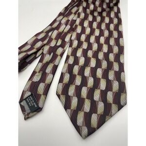 Jhane Barnes Silk Tie Burgundy Olive Green Geometric Wavy Block Made in Japan